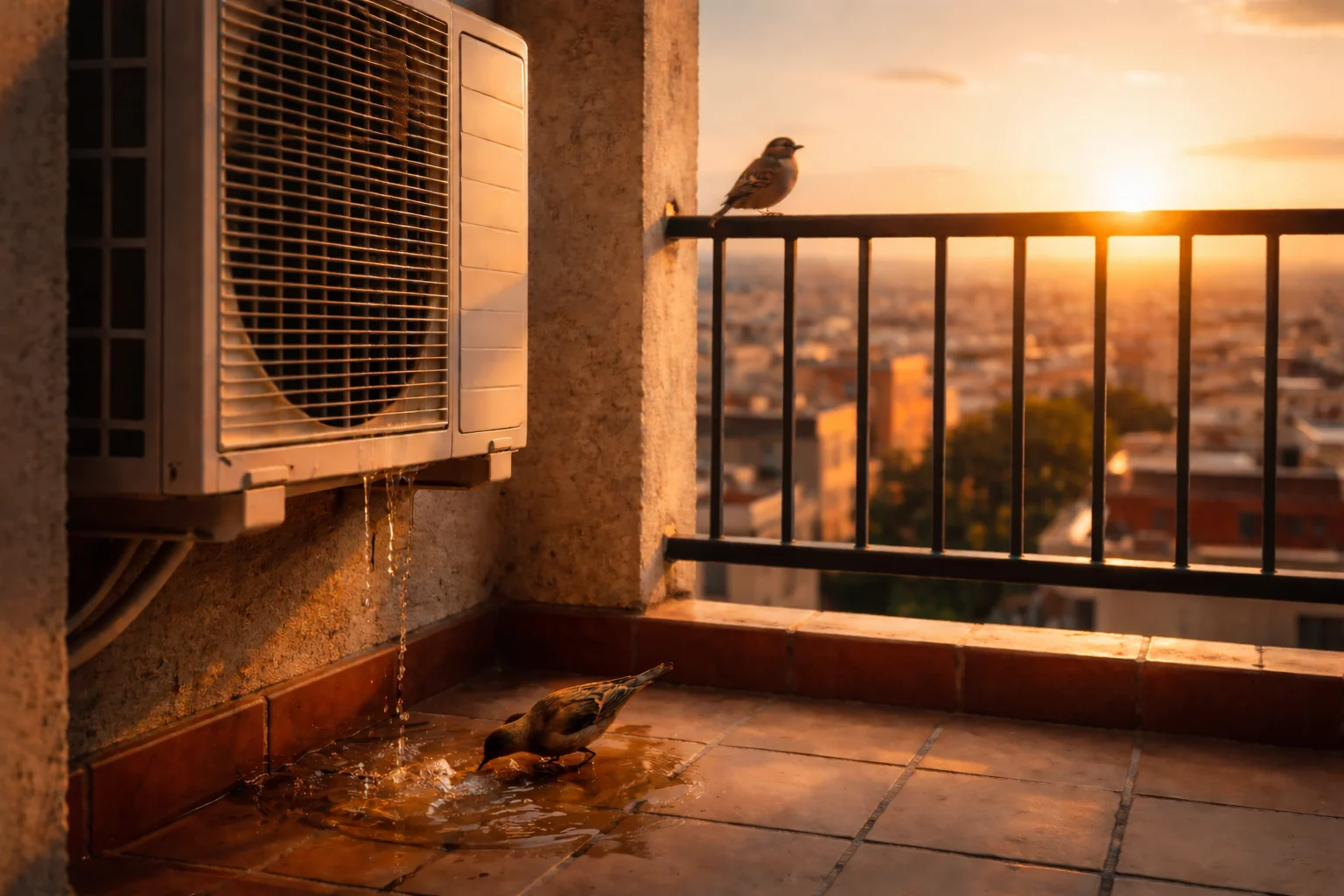 Gorriones en terraza murciana bebiendo del agua que gotea por la unidad exterior de un aire acondicionado averiado