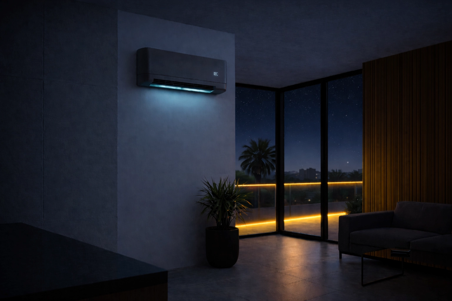 Split negro instalado en salón moderno con LED teal a 18°C en Murcia