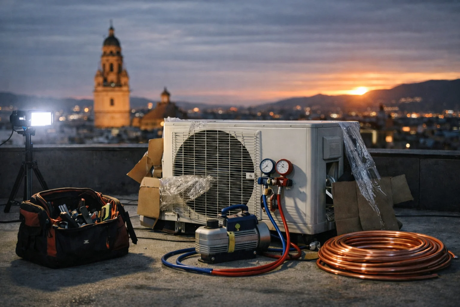 Instalación de unidad exterior de aire acondicionado en tejado de Murcia con Catedral al fondo