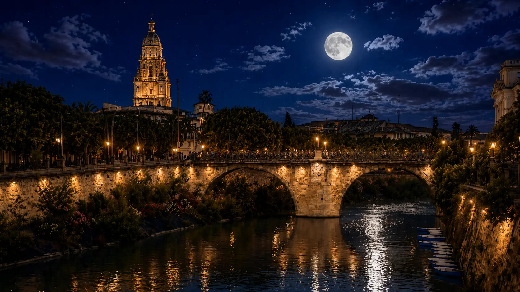 Río Segura y Catedral de Murcia de noche con luna llena — Servicio Técnico Levante