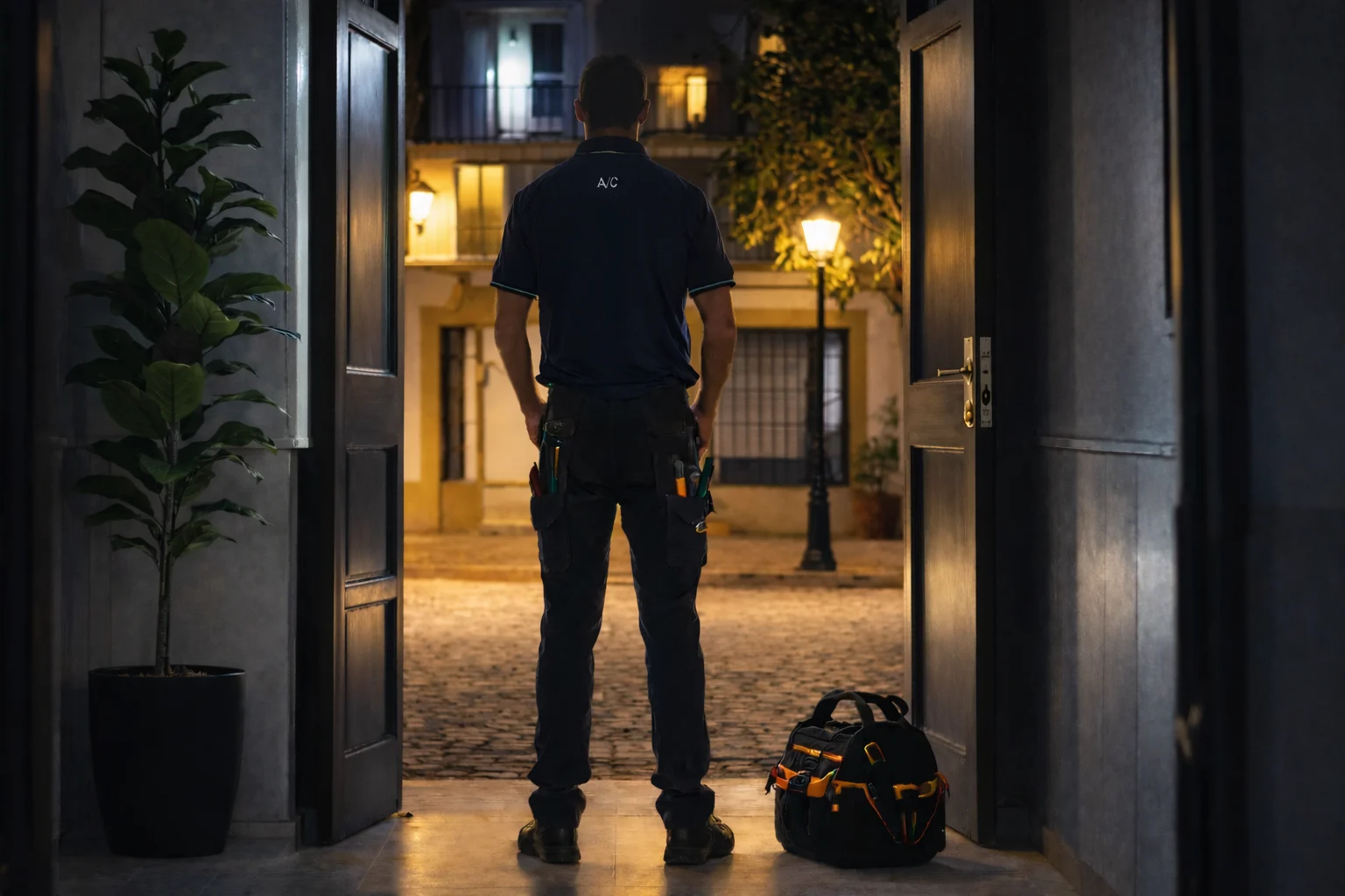 Técnico de aire acondicionado llegando a domicilio en Murcia de noche